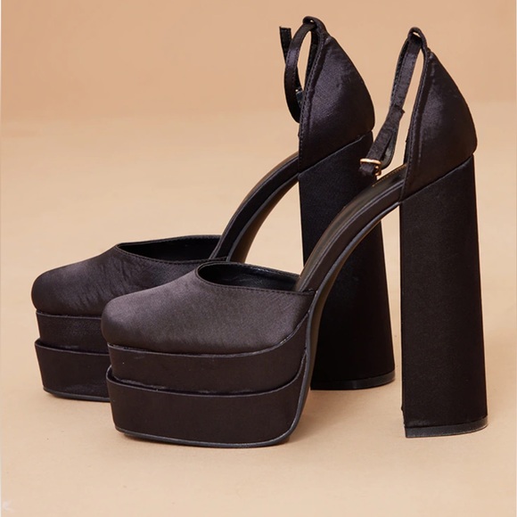 PLT Black Satin Square Toe Double Platform Heel - Picture 2 of 2